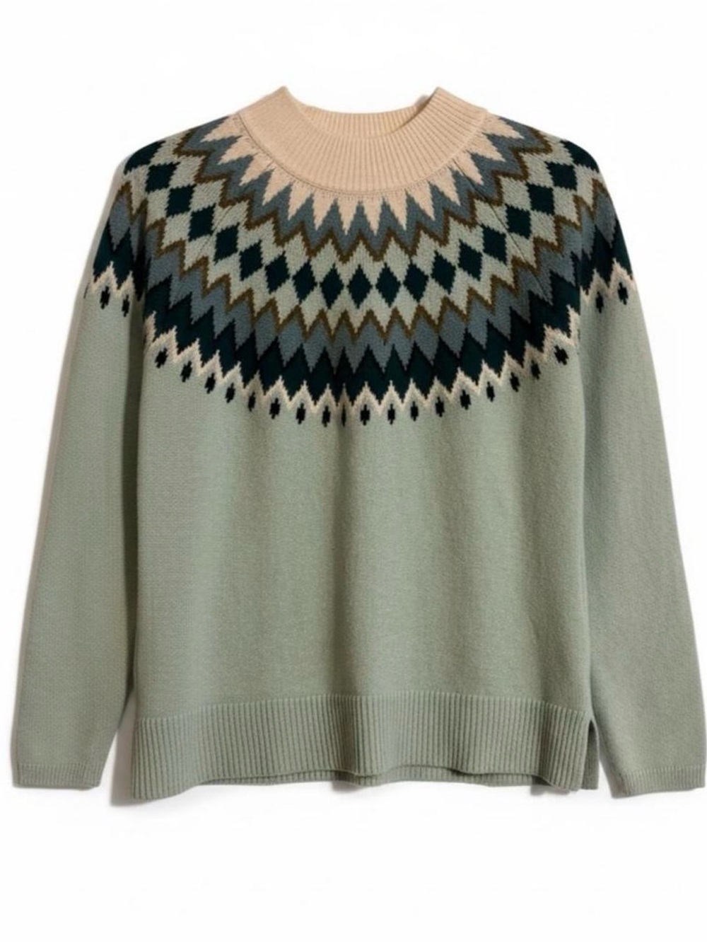 Talbots Fair Isle Crewneck Sweater - Sage Green, Cream, Navy